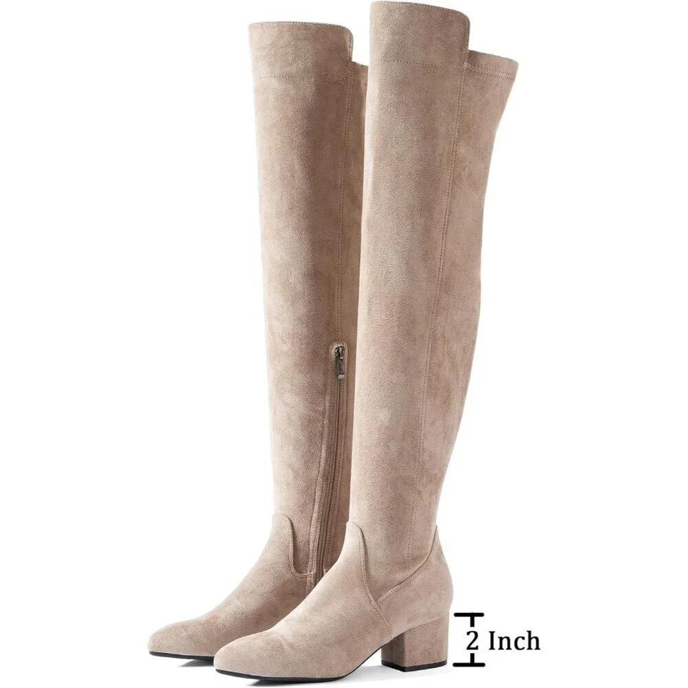 Women Beige\2 Ihch Suede Over the Knee Thigh High Chunky Block Heel Boots